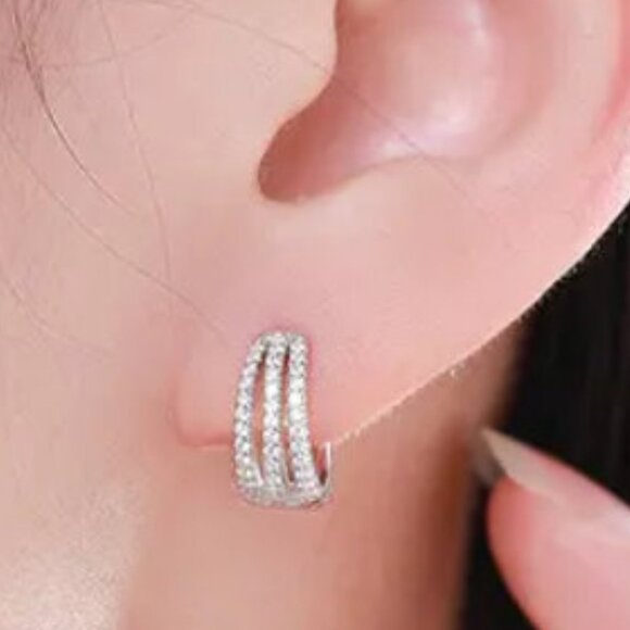 Zircon Triple Loop Silver Huggie Earrings. 925 Sterling Silver. #1116 - Picture 1 of 5